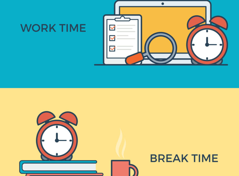 Linear flat work and break time management infographics template website banner icons vector illustration. Business concept. Alarm clock, books, laptop, checklist, search magnifier